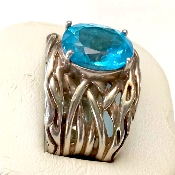 EFFY Bright Blue Oval Topaz Silver 925 Ring, Heavy 14.9g, Unique Roots look - Picture 2 of 6